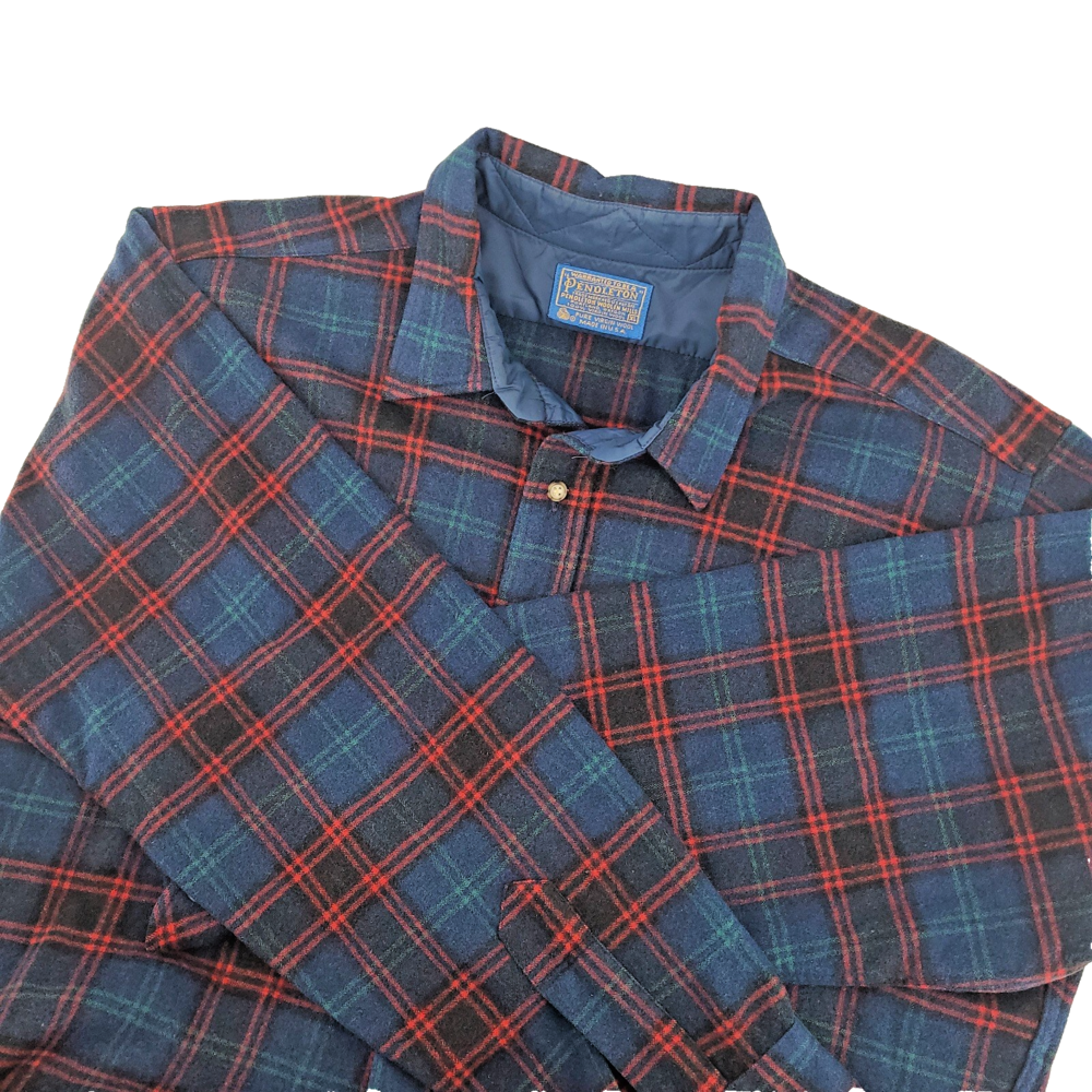 VTG Pendleton Wool Flannel Shirt Mens L Tartan Plaid Navy Red Green Lodge USA